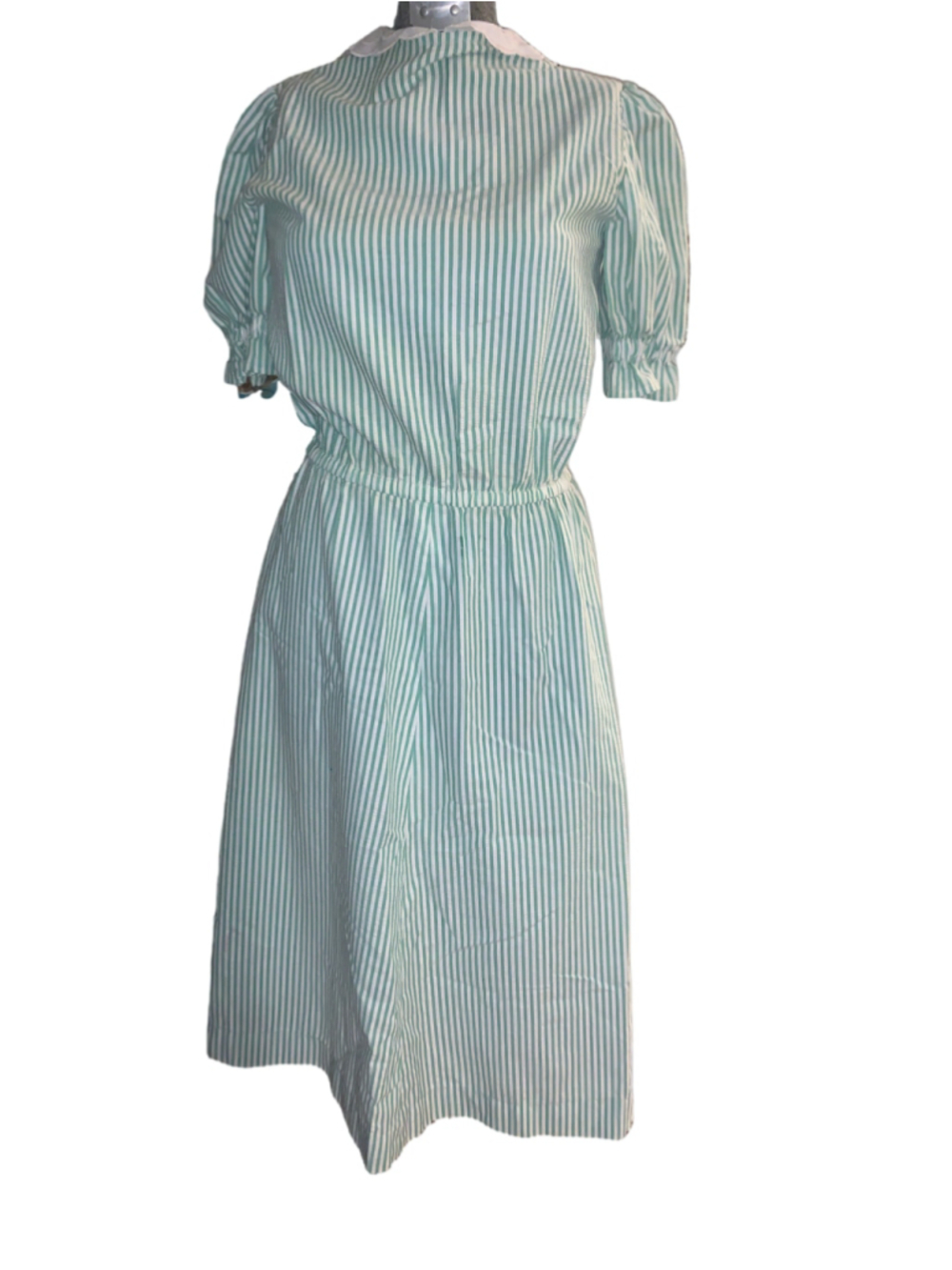 Women's vintage homemade Midi Dress Size M Green White Striped Collared